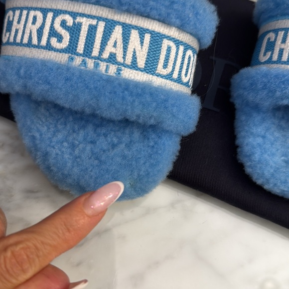 Dior Chez Moi Slide Bright Blue Embroidered Cotton and Shearling sandals - Picture 10 of 10